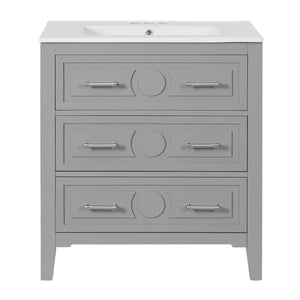 English Elm 30'' Bathroom Vanity with Ceramic Sink, Solid Wood Frame Retro Style Vanity with 3 Drawers & Gold Handles Gray N710P246209E