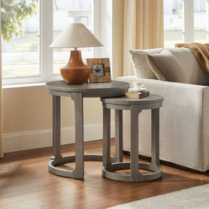 English Elm (1 Coffee Table+1 Side Table) Two-piece Pine Wood Round Set with Wheels Rustic Living Room Light Brown W2582S00196