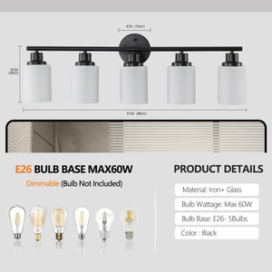 English Elm 31" Stylish 5-Light Vanity Wall Sconce, Frosted Glass & Black Iron Design For Elegant Illumination W2312P374806