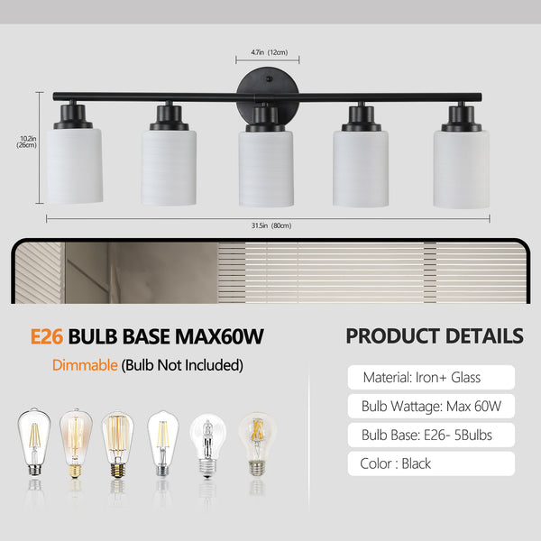English Elm 31" Stylish 5-Light Vanity Wall Sconce, Frosted Glass & Black Iron Design For Elegant Illumination W2312P374806