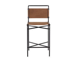 Sunpan Corrigan Mid-Century Modern Barstool in Cognac Leather with Matte Black Steel Base – Unique Design Counter Height