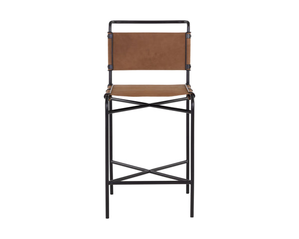 Sunpan Corrigan Mid-Century Modern Barstool in Cognac Leather with Matte Black Steel Base – Unique Design Counter Height