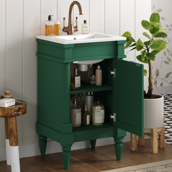 English Elm 18-Inch Modern Bathroom Vanity with Sink Compact Retro Design Durable MDF & Solid Wood Legs Storage-Friendly Green N710P257401F