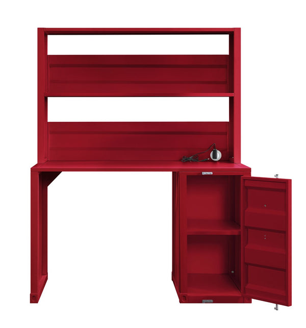 English Elm Red Iron Writing Desk with Hutch — 1-Door Compact Workspace, Fixed Metal Shelf, Stylish Storage and Display B062P215482
