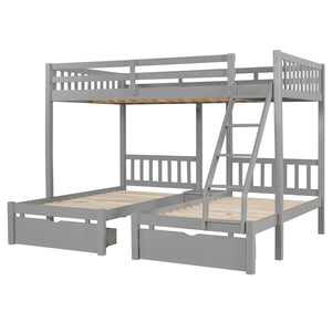 English Elm Full Over Twin Triple Bunk Bed Pine Wood Frame with Storage Drawers and Guardrails LT000343AAE-1