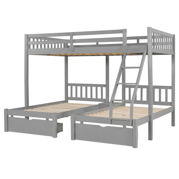 English Elm Full Over Twin Triple Bunk Bed Pine Wood Frame with Storage Drawers and Guardrails LT000343AAE-1