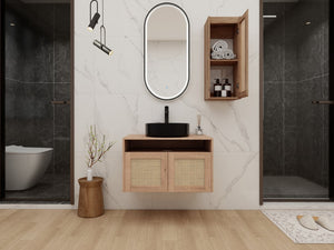 English Elm 30" Floating Bathroom Vanity Set with Ceramic Vessel Sink and Rattan Side Cabinet W999S00496
