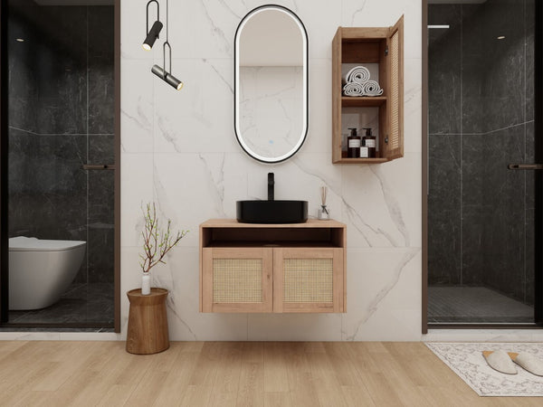 English Elm 30" Floating Bathroom Vanity Set with Ceramic Vessel Sink and Rattan Side Cabinet W999S00496