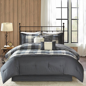 English Elm 7 Ridge Herringbone Comforter Set Queen Buffalo Plaid Cozy Lodge Bedding with Embroidered Pillows and Bedskirt Grey 23.62 L x 18.9 W x 15.75 H B03597009