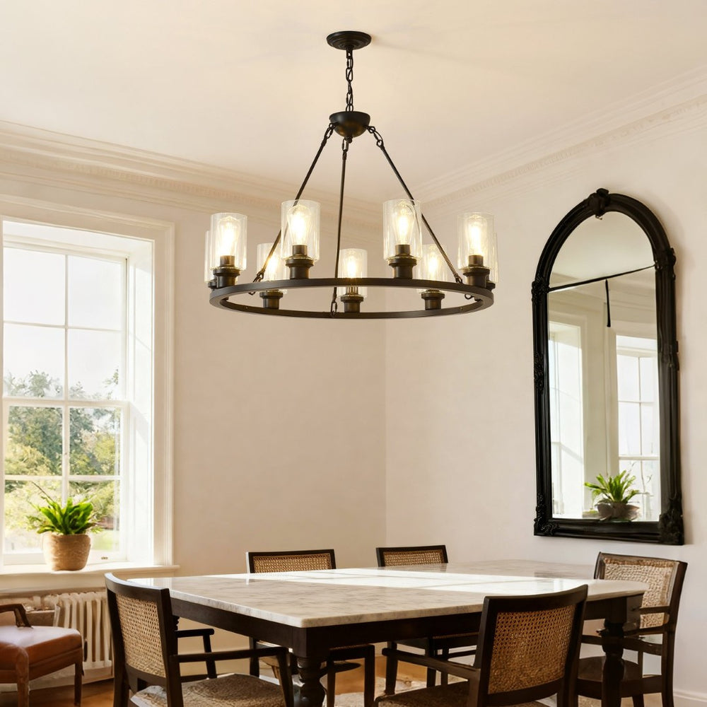 English Elm 34.25'' Farmhouse Wagon Wheel Chandelier 9 Light Seeded Glass Dining Room Fixture W5008P468519