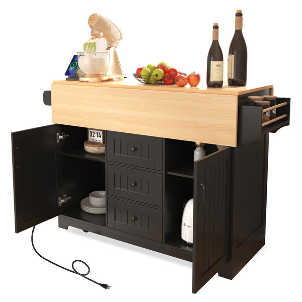 English Elm K&K Convertible 55.7" Folding Kitchen Island Cart with Power Outlet, Spice Rack, 5 Wheels, Multi-Use Black N707P186617B