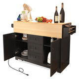 English Elm K&K 55.7'' Large Kitchen Island With 2 Drop Leaf,, Rolling Kitchen Cart On 5 Wheels With Power Outlet, Folding Storage Dining Table With Spice & Towel Rack , 3 Drawers, For Kitchen, Dining Room,Black