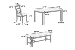 English Elm 6 6-Pcs Dining Set Rustic Gray Rectangular Table with Bench & 4 Padded Ladder-Back Chairs for Cozy Meals B089S00178