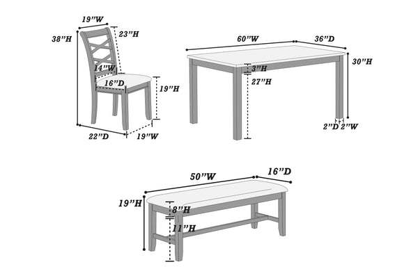 English Elm 6 6-Pcs Dining Set Rustic Gray Rectangular Table with Bench & 4 Padded Ladder-Back Chairs for Cozy Meals B089S00178