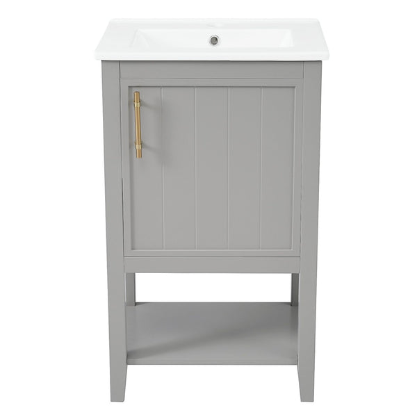 English Elm 20" Matte Freestanding Bathroom Vanity Rubberwood Cabinet Ceramic Sink Open Shelf Grey N725P391115E