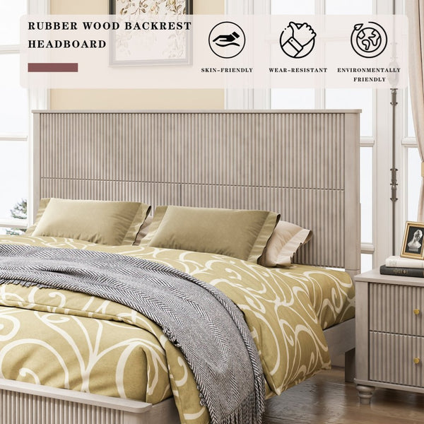 English Elm Solid Rubberwood Queen Platform Bed Tall Headboard Natural Grain No Box Spring W1716S00018