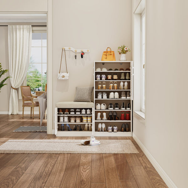 English Elm Multi Functional Shoe Storage Cabinet with Bench and Cushion, 7+3 Adjustable Panels, Ventilated Design for Entryway Ancient White 51.97 L x 17.32 W x 10.24 H W2948P245229