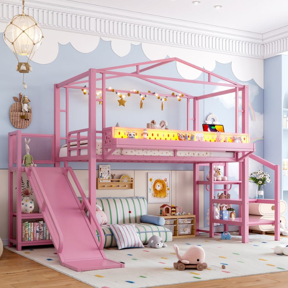English Elm Twin Metal Loft Bed with Built-in Wardrobe Storage Stairs Led Lights and Usb Ports W5316S00046