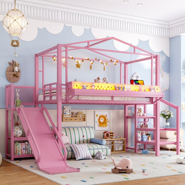 English Elm Twin Metal Loft Bed with Built-in Wardrobe Storage Stairs Led Lights and Usb Ports W5316S00046
