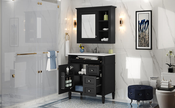 English Elm 30'' Bathroom Vanity Set With Mirror, Modern Freestanding Storage Cabinet & Integrated Sink Design SW000127AAB-1