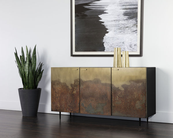 Sunpan Auburn Sideboard: Exquisite Antique Brass Design with Ombre Patina, Black Metal Frame, Handcrafted Charm