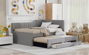 English Elm Full Upholstered Daybed with Trundle and Three Drawers, Linen-Blend Fabric, Space-Saving Guest Bed, Storage-Friendly Design Gray DL002058AAE