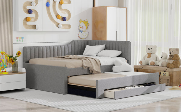 English Elm Full Upholstered Daybed with Trundle and Three Drawers, Linen-Blend Fabric, Space-Saving Guest Bed, Storage-Friendly Design Gray DL002058AAE