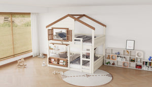 English Elm Full Bunk Bed with Trundle Bookshelf Storage Pine Frame Car Design for Kids Beige W1580S00523