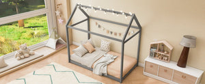 English Elm Twin House Bed Pine Wood Frame with Peaked Roofline Low Profile Kids Bedroom WF197557AAE