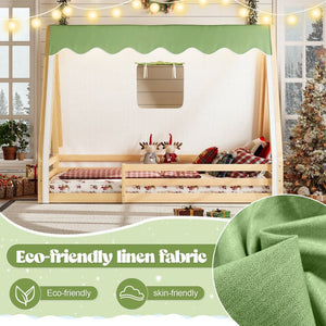 English Elm Twin Montessori Floor Bed Solid Pine Teepee Frame with Guardrails and Canopy Light W1580P369466