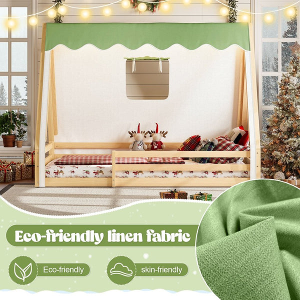 English Elm Twin Montessori Floor Bed Solid Pine Teepee Frame with Guardrails and Canopy Light W1580P369466