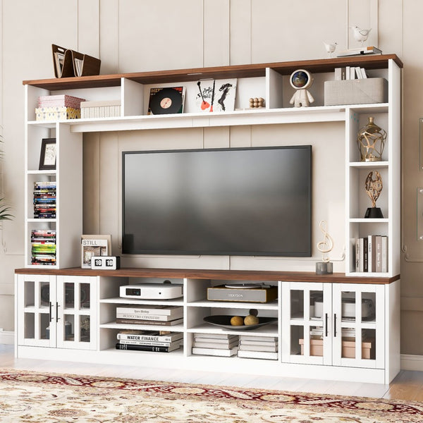 English Elm 95.5" Modern Farmhouse Wall Unit Mdf Bookshelf with Tempered Glass Cabinet Doors White SJ000161AAK