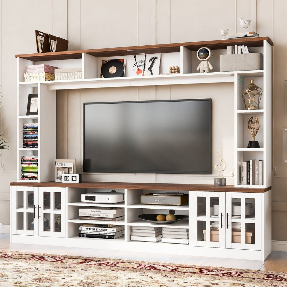 English Elm 95.5" Wide Modern Farmhouse Wall Unit with Tempered Glass Cabinets and Bookshelf Storage White SJ000157AAK