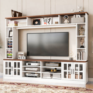 English Elm 95.5" Wide Modern Farmhouse Wall Unit with Tempered Glass Cabinets and Bookshelf Storage White SJ000157AAK