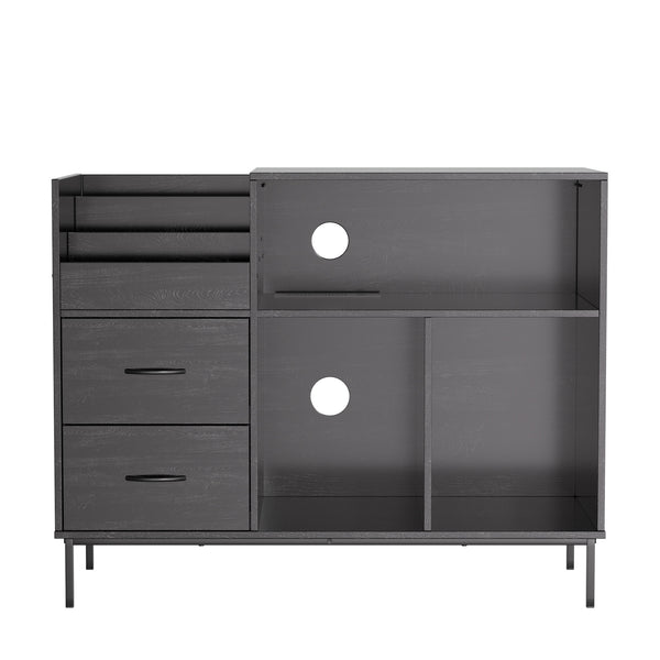 English Elm Record Player Stand with Flip-Down Lid, Built-In Power & USB, Dust-Protecting Turntable Console for 300+ Vinyls Black W2735P332345