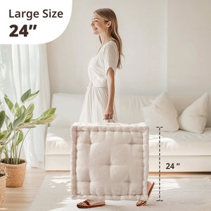 JLA Home Intelligent Design - Poly Chenille Square Floor Pillow Cushion with Tufted Scalloped Edge, OEKO-TEX Soft Plush Support Ivory ID31-2466