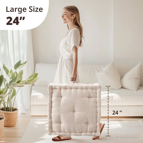 JLA Home Intelligent Design - Poly Chenille Square Floor Pillow Cushion with Tufted Scalloped Edge, OEKO-TEX Soft Plush Support Ivory ID31-2466