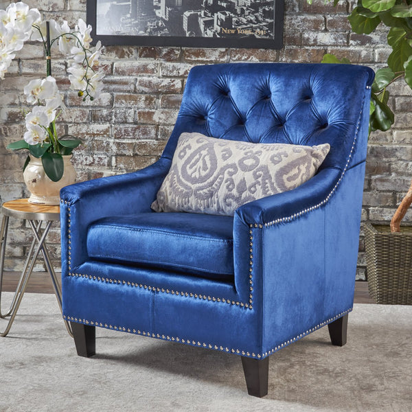 English Elm Christopher Knight Home® - Velvet Tufted Club Chair Jaclyn in Navy Blue — Luxe Tufting, Stud Trim, Plush Seat for Cozy Reading N758P278053B