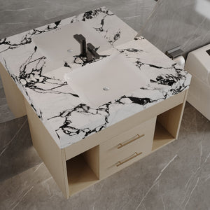 English Elm 29.9" Floating Bathroom Vanity Sintered Stone Top Soft Close Drawers Bronze Gold Hardware White+Black,Wood W3136S00035