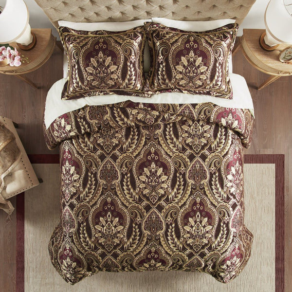 English Elm 4 Piece Comforter Set - Opulent Burgundy Queen Ensemble With Jacquard Chenille & Easy Care Comfort B035128753