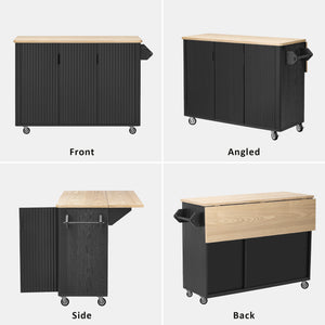 English Elm K&K 51" Fluted Kitchen Island with Waveform Panels, Drop Leaf, Rolling Cart with Towel Rack and Storage Black N707P221446B