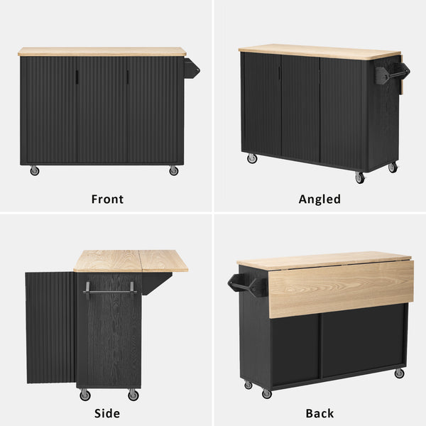 English Elm K&K 51" Fluted Kitchen Island with Waveform Panels, Drop Leaf, Rolling Cart with Towel Rack and Storage Black N707P221446B