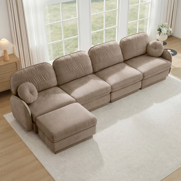 English Elm 137" Oversized Chenille Sectional Sofa with Movable Ottoman and Quilted Cushions Light Coffee W714S01763