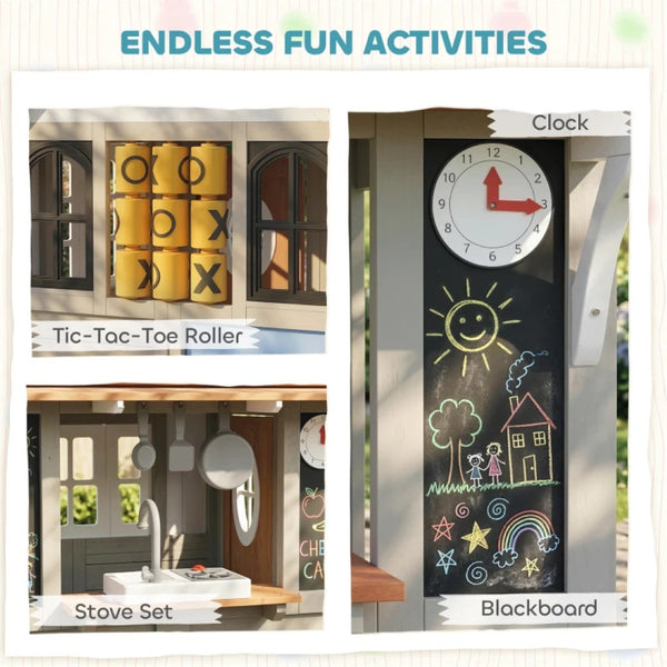 English Elm Comfortable Solid Fir Wood Outdoor Playhouse with Stove Blackboard and Doorbell T3971P491789