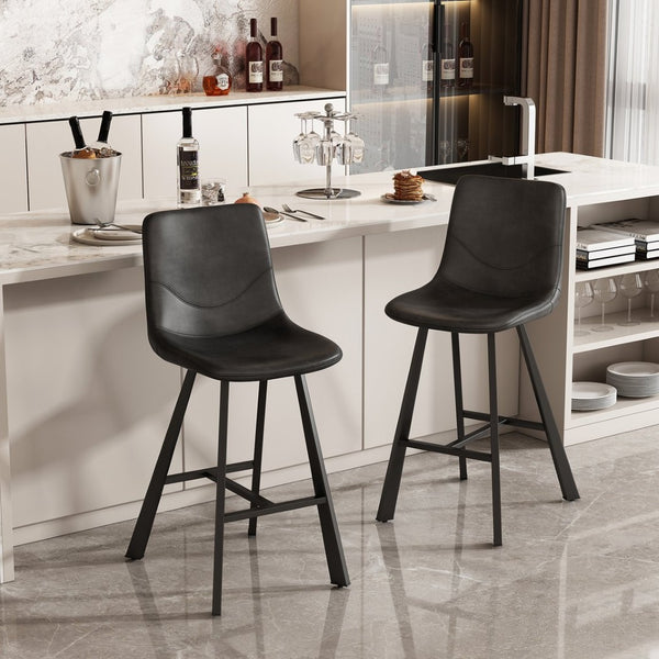 English Elm Faux Leather Counter Stools Set of Two Ergonomic Curved Back Metal Frame Kitchen Seating Black Pu W5096P400378