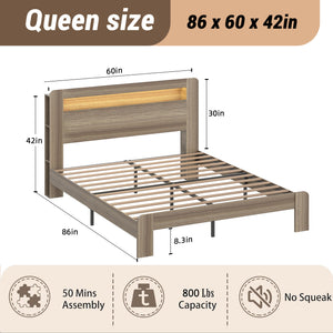 English Elm Bed Frame Queen Size - Stylish Wood Platform With Led Headboard, Usb Ports & Spacious Storage, Gray W636P210888
