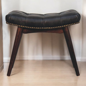 English Elm Solid Wood Upholstered California Walnut Bench With Black Leather Seat & Nordic-Style Legs For Elegance B182P279219-GIGA