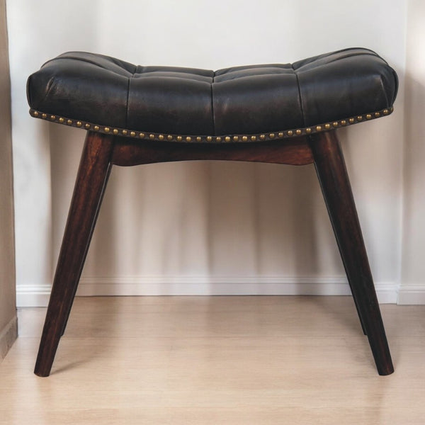 English Elm Solid Wood Upholstered California Walnut Bench With Black Leather Seat & Nordic-Style Legs For Elegance B182P279219-GIGA