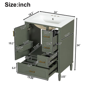 English Elm 24" Olive Bathroom Vanity Solid Wood Frame Ceramic Sink Gold Hardware Soft Close Olive Green N729P373272F