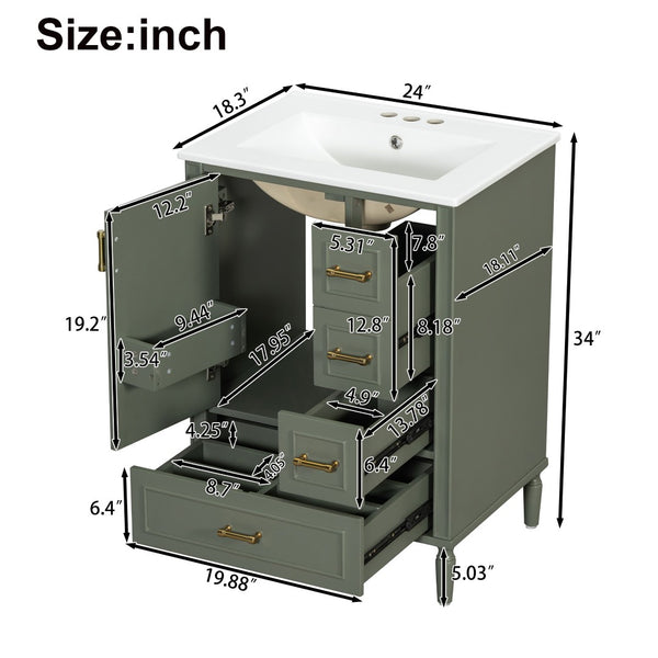 English Elm 24" Olive Bathroom Vanity Solid Wood Frame Ceramic Sink Gold Hardware Soft Close Olive Green N729P373272F